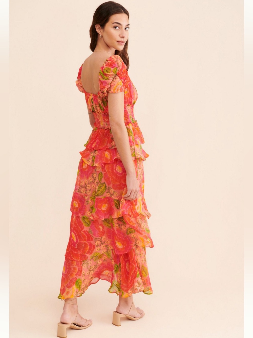 FARM Rio Blooming Floral Maxi Dress, Vibrant Coral, Front Slit, Smocked Bodice M - Picture 2 of 8